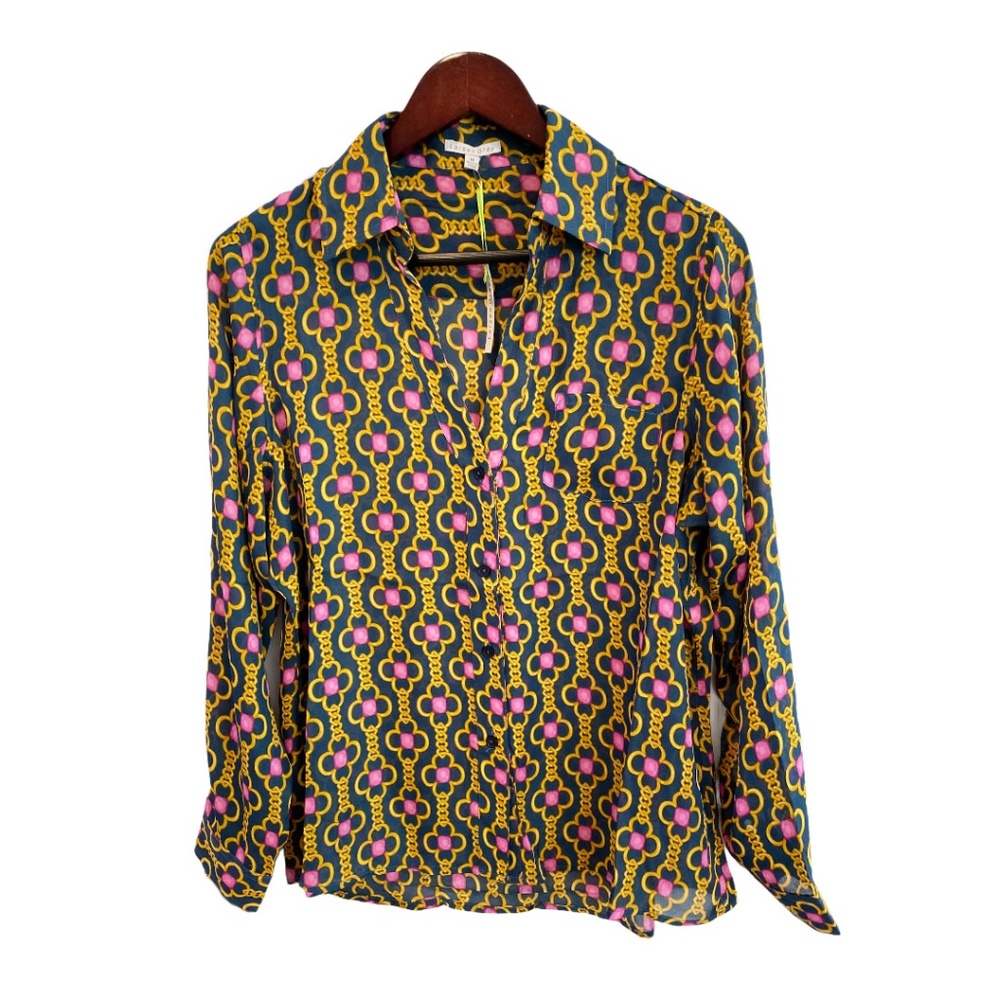 Larsen Gray Button Up Geometric Print Long Sleeve Women's Blouse Medium NWT